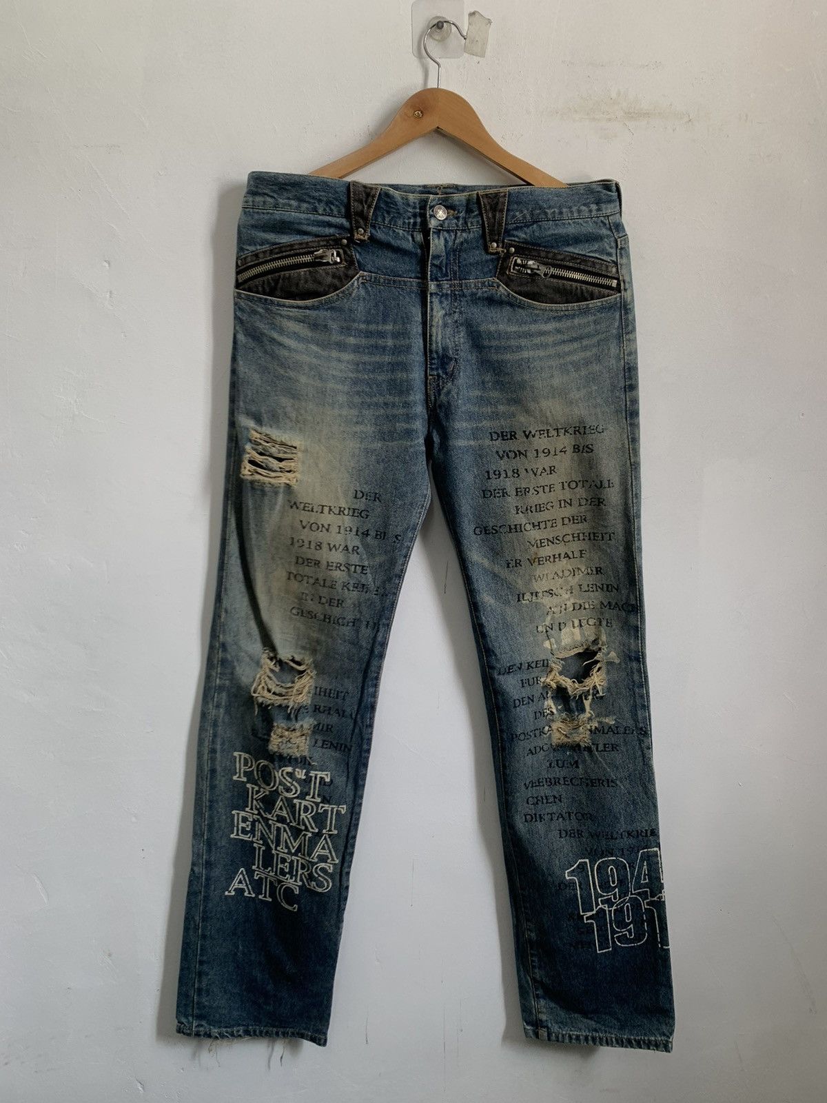 Vintage - In The Attic Full Print Word Distressed Denim Jeans - 1