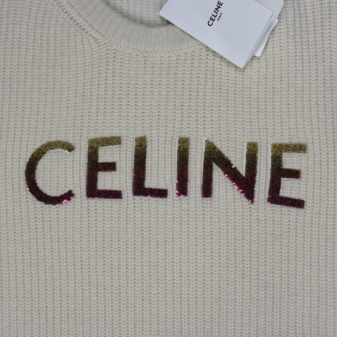 CELINE Cream Wool Sequin Logo Crewneck Sweater - 3