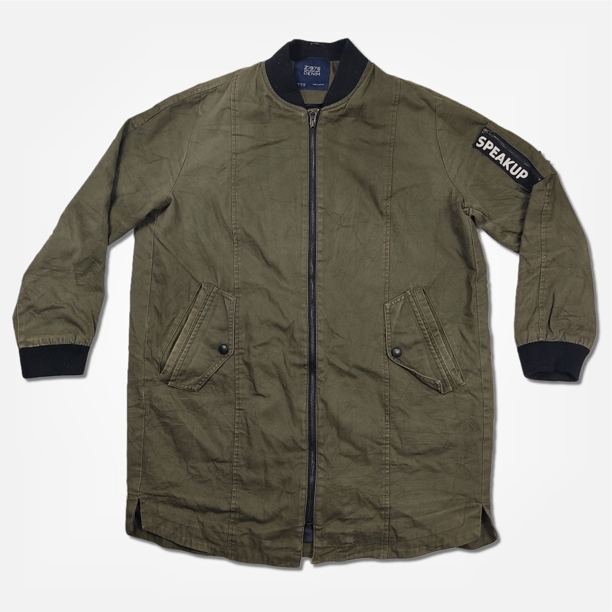 Designer - ZARA Z1975 Denim Army Military Speakup Green Long Jacket - 1