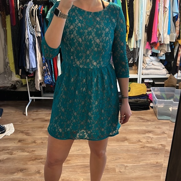 French Connection Lizzie Teal Lace 3/4 Sleeve Dress - 7