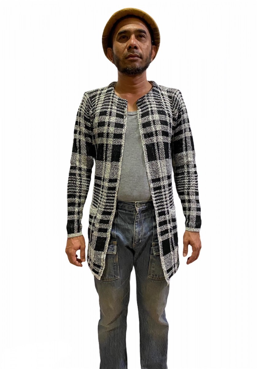 Cardigan - Plaid Checked Open Front Knitted - 1