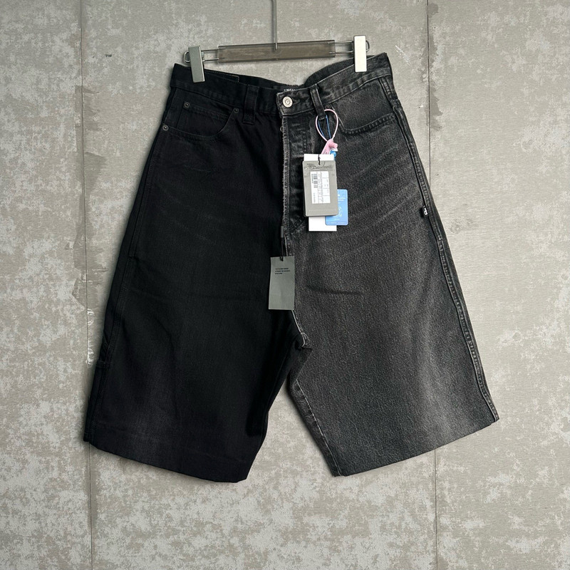 Balenciaga Black Gray Panel Fringe Denim Shorts - 1