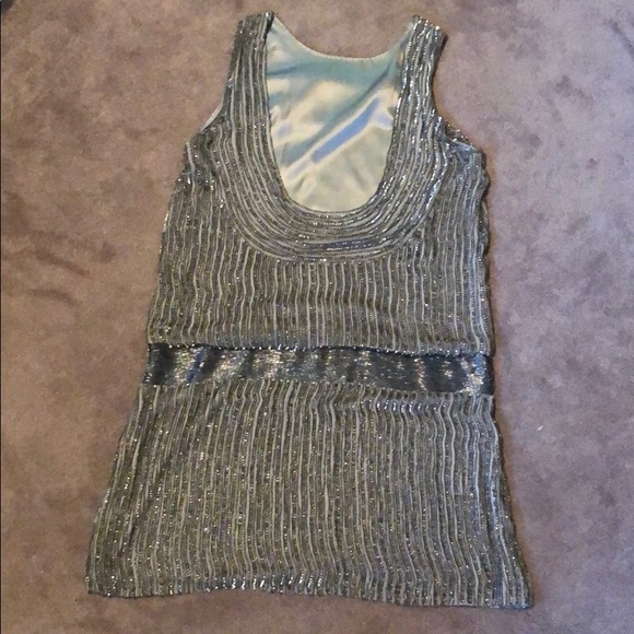 Parker Silver Gatsby Style Dress Sequin + Beaded - 14