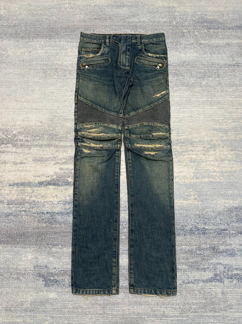 Balmain FW15 Distressed Biker Blue Jeans - 1