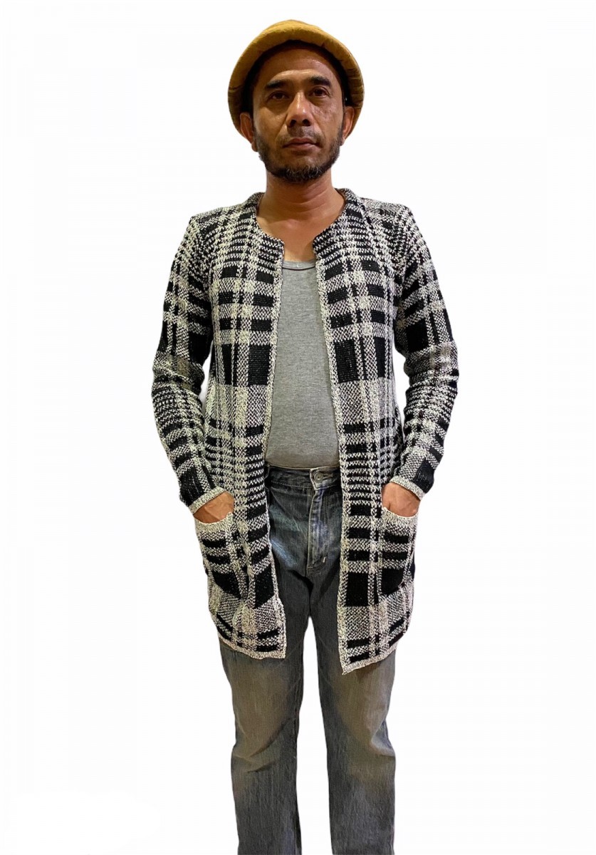Cardigan - Plaid Checked Open Front Knitted - 2