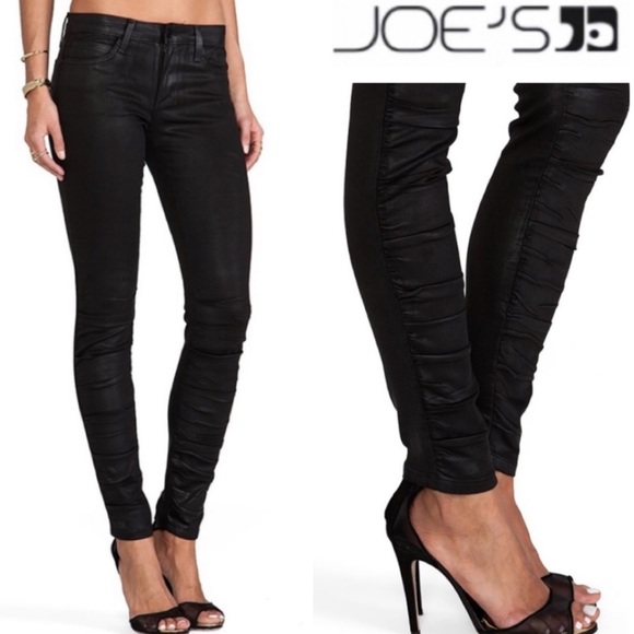 Joe's Jeans Ruched Ankle Skinny in Jet Black Wax Coated Denim - 1