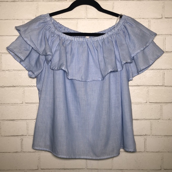 Love in - Blue + White Striped Off Shoulder Ruffle Top - 4