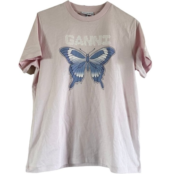 Ganni Butterfly T Shirt Crew Neck Graphic Print Basic 100% Cotton Pink XS NWOT - 3