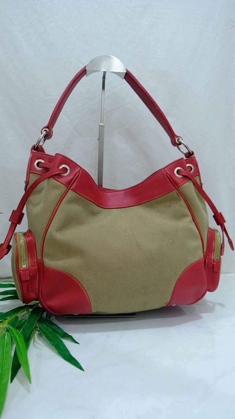 Authentic Prada Jacquard canvas red leather handbag - 3