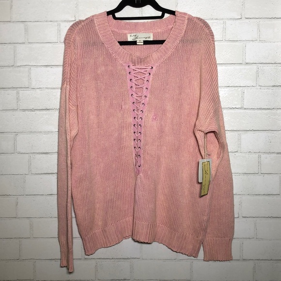 Vintage Havana Lace-Up Cotton Knit Pink Sweater - 1