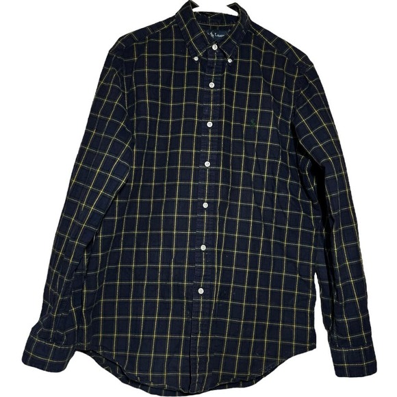 Ralph Lauren Shirt Plaid Button Down Long Sleeve 100% Cotton Navy Blue Medium - 3
