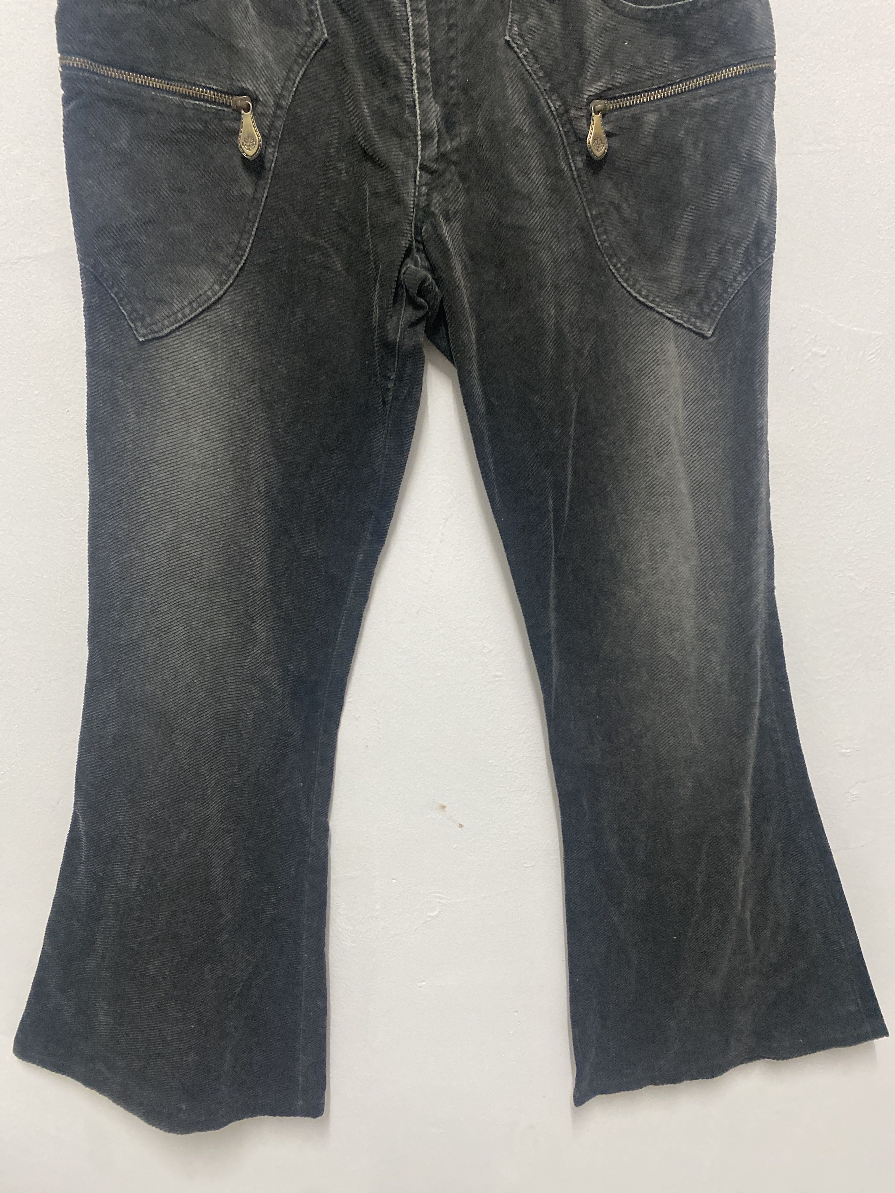 Obelisk Japan Corduroy Flare Pants Distressed Brown Leather Floral Back Pocket - 4