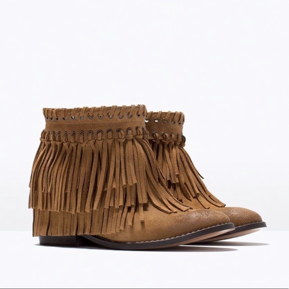 Zara Suede Finge Boho Wedge Ankle Boots - 3