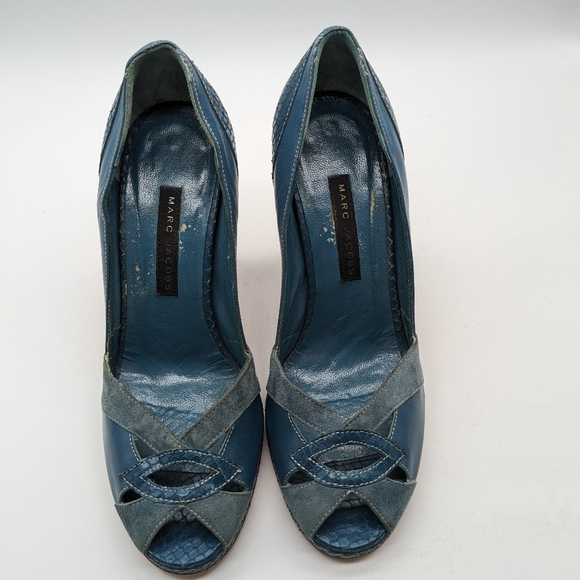 Marc Jacobs Italian-made Blue Suede Leather Cutouts Peep Toe Pumps Women's 6M - 4