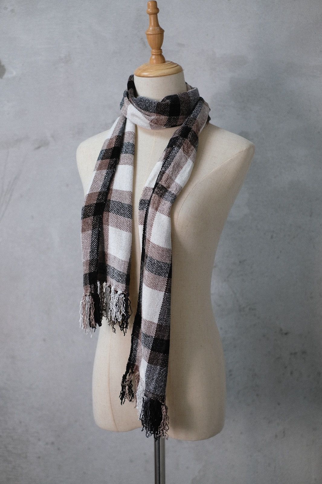 Japanese Brand - Deadstock Cozy Brown White Checked Scarf OS Unisex - 2