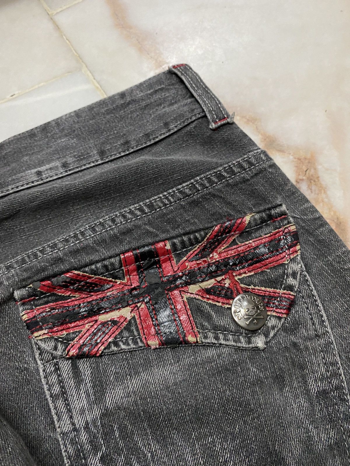 💥Sick Root three Skull Bones Washed Whisker Distress Jean - 21