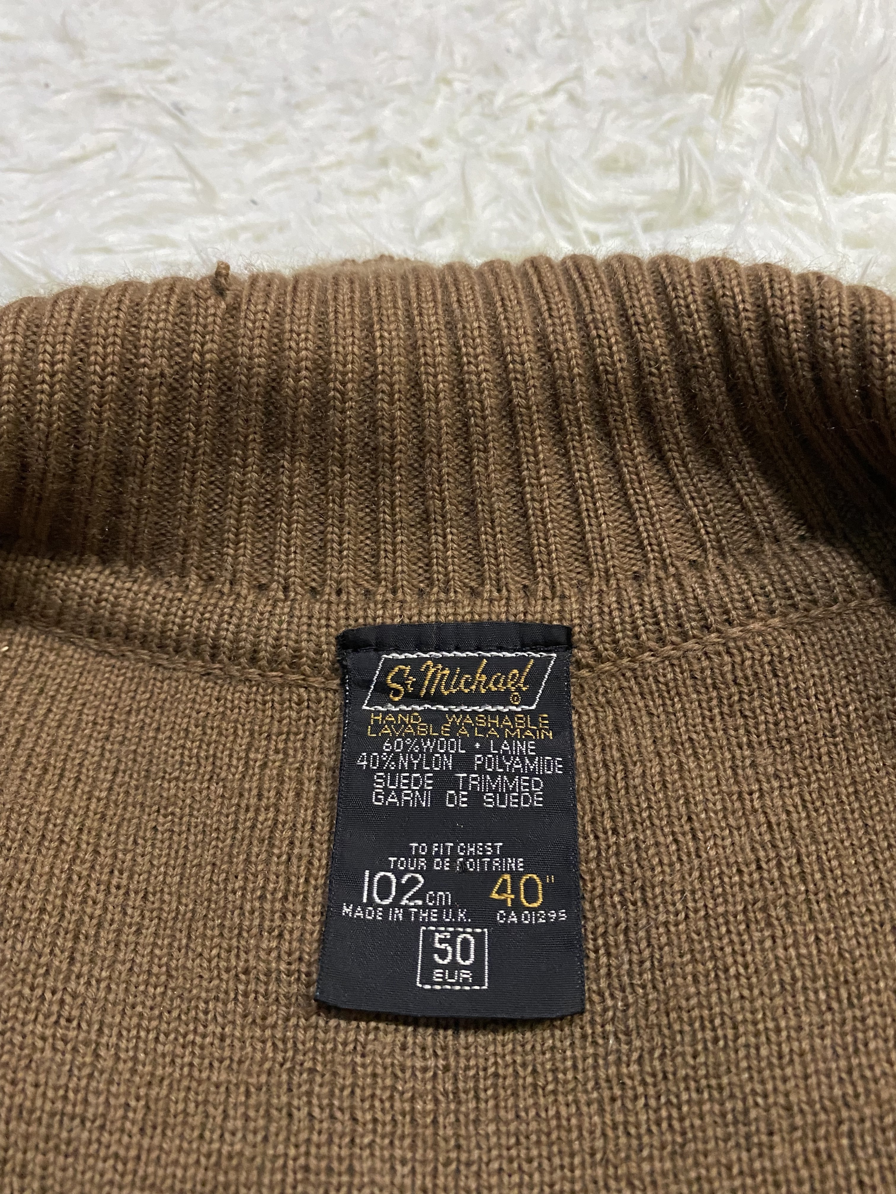 Coloured Cable Knit Sweater - Vintage St Michael Wool Cable Knit Sweater Suede Trimmer - 15