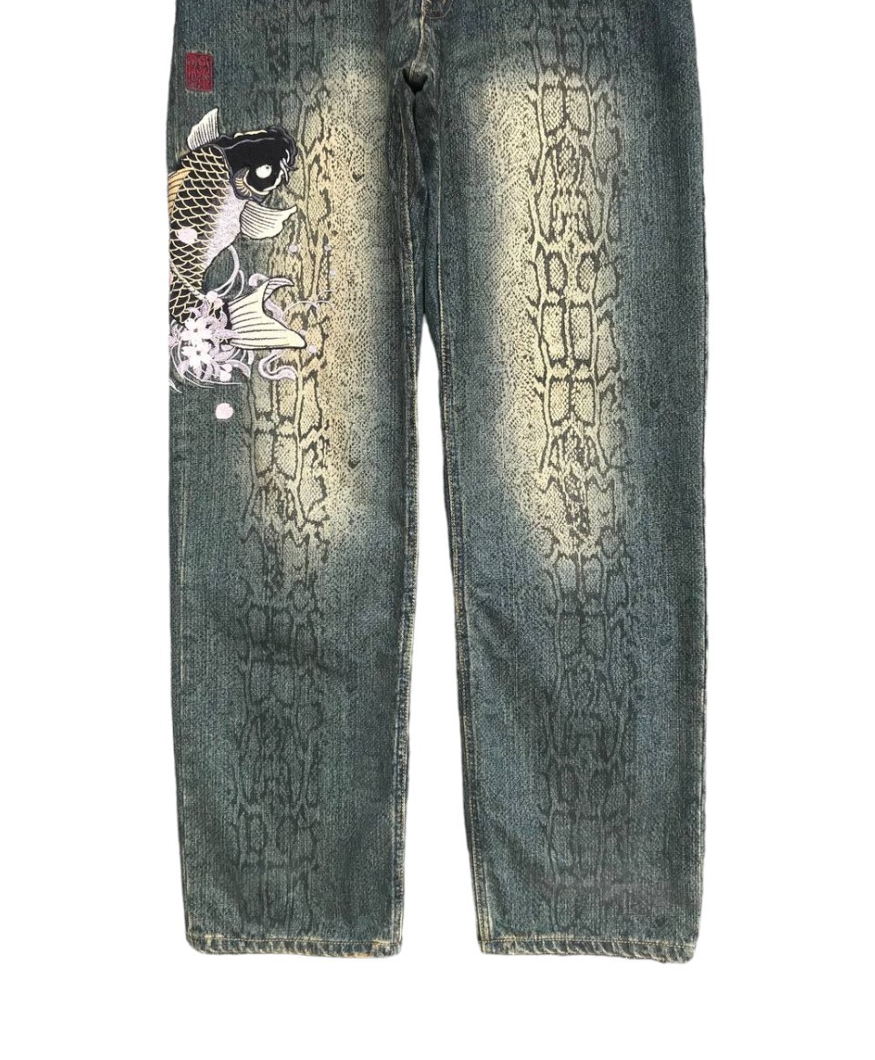 Vintage KARAKURI TAMASHI Sukaja Koi-Fish Embroidered With Snake-skin bone abstract printed - 2