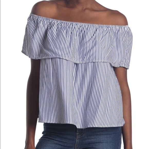 Love in - Blue + White Striped Off Shoulder Ruffle Top - 1