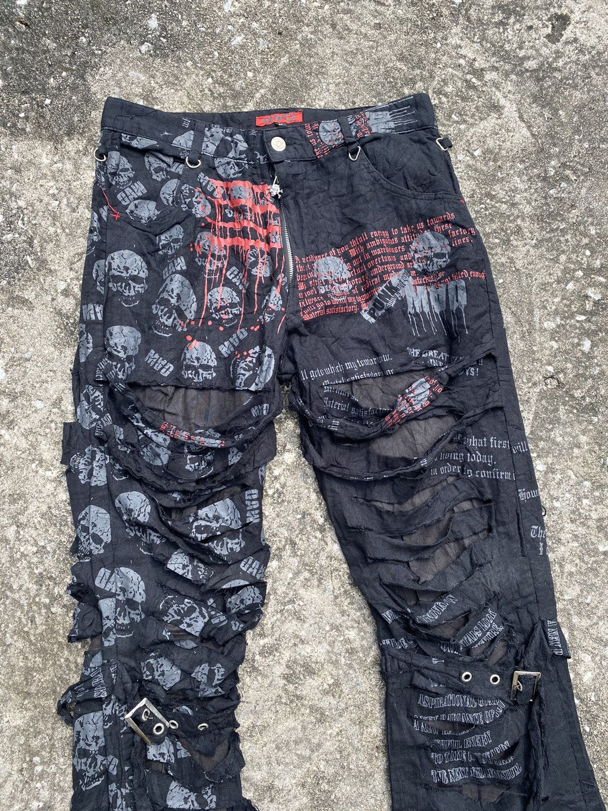 Designer - Mad Punk Skull Distressed Design Flare Bondage Pant - 4