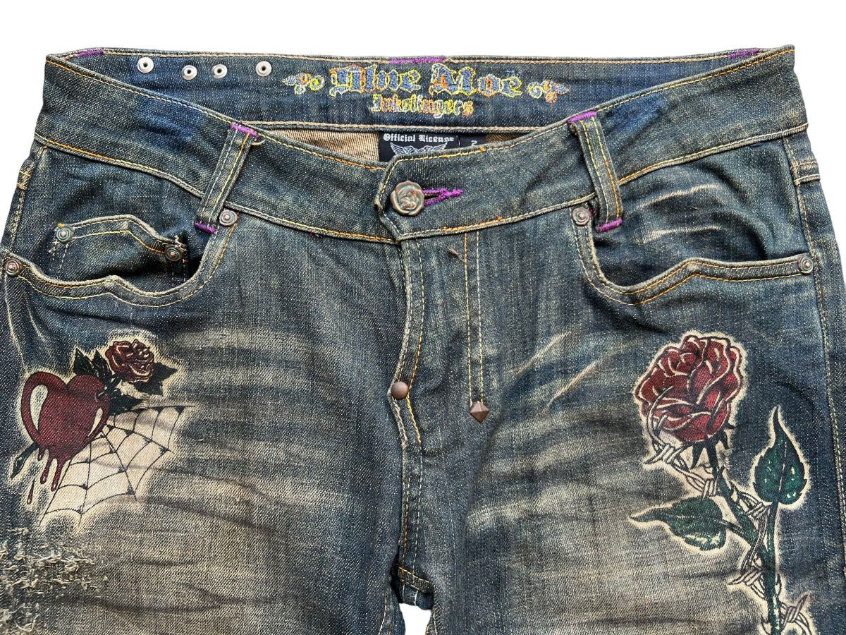 Archival Clothing - Vintage Gotchic Bones Mudwash Punk Flare Denim Jeans 28x33 - 8