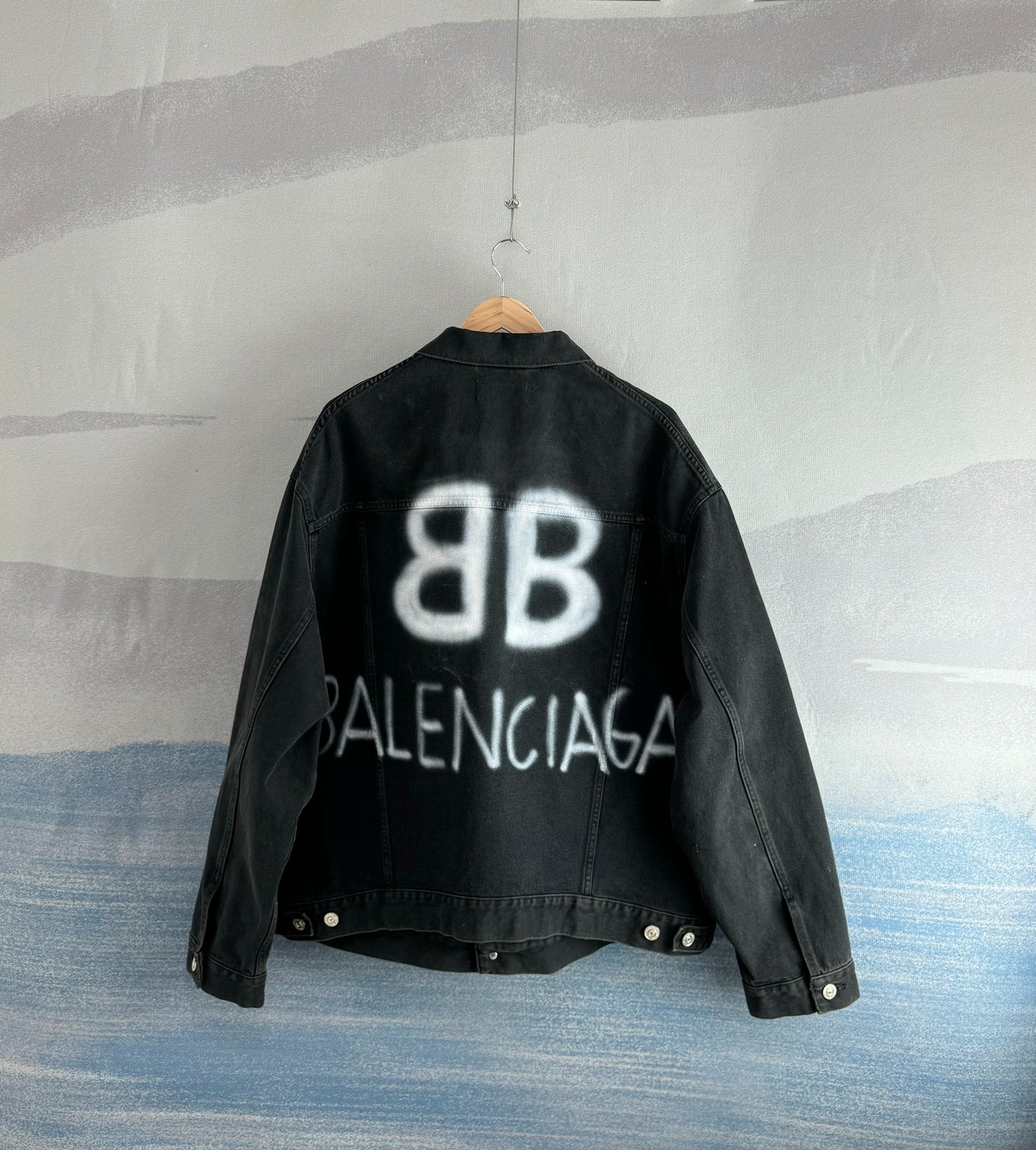 Balenciaga Black and White Spray Paint Double B Denim Jacket - 2