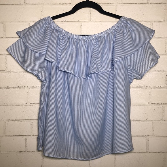 Love in - Blue + White Striped Off Shoulder Ruffle Top - 8