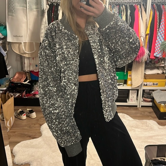 Zara Silver Sequin Bomber Jacket - 11