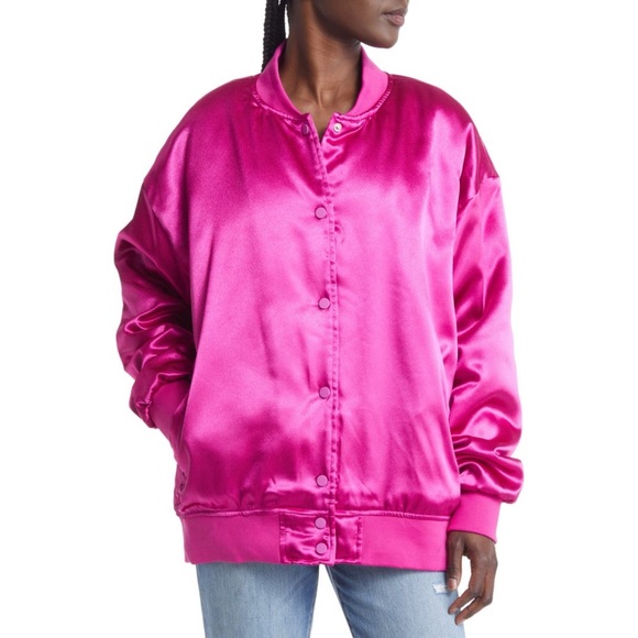 Azalea Wang Pink Oversized Satin Bomber Jacket - 2