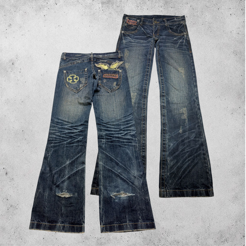 Y2K Distressed Low Rise Flare Jeans | 2000s Grunge Denim - 1