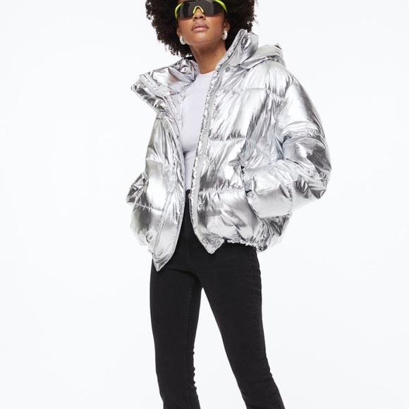 H&M Silver Metallic Hooded Puffer Jacket - 2