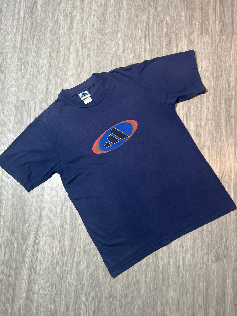 Vintage 90s Adidas Oval Warped Logo T-Shirt - Navy - L (Pit 22") - 1998 - 1