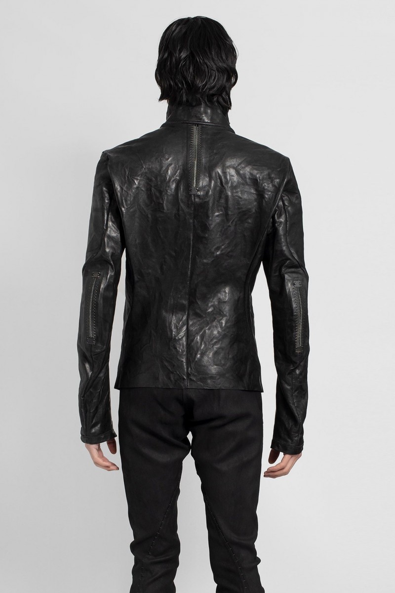Black high-neck unlined asymmetric leather jacket - 5