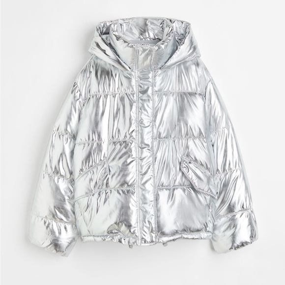 H&M Silver Metallic Hooded Puffer Jacket - 3