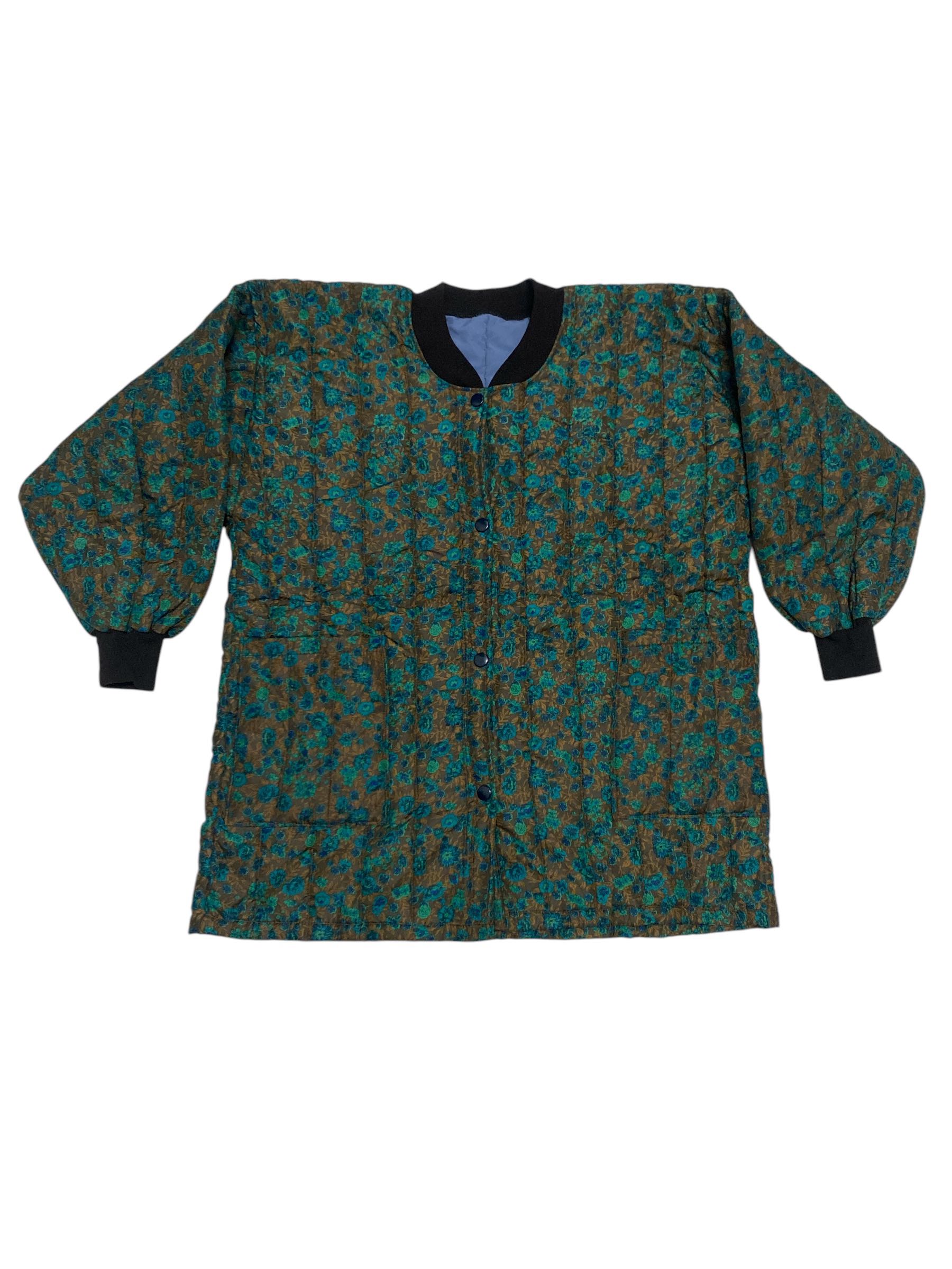 Vintage Quilted Floral Jacket with Ribbed Cuffs – Retro Fall/Winter Style - 2