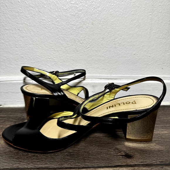Pollini Patent Leather Sandals Strappy Open Toe Block Heel Buckle Strap 38 7.5 - 2
