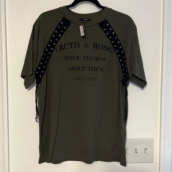 Forever 21 - Forever21 Olive Truth And Roses Lace-Up Tee Vintage Band Rock Tee - 3