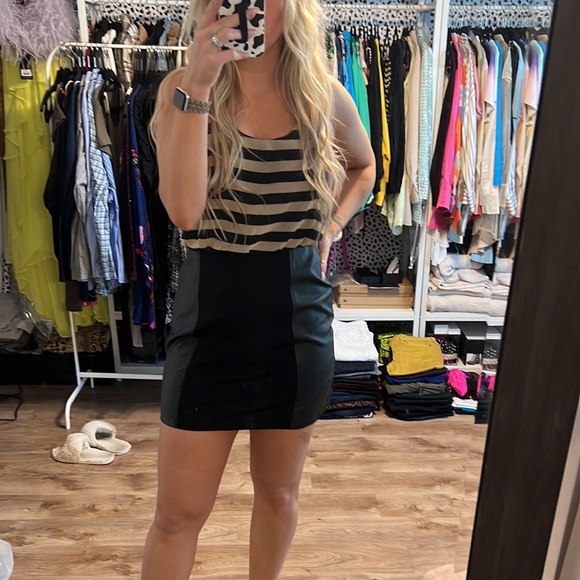 Lush Striped Blouson Dress with Faux Leather Panels - 9