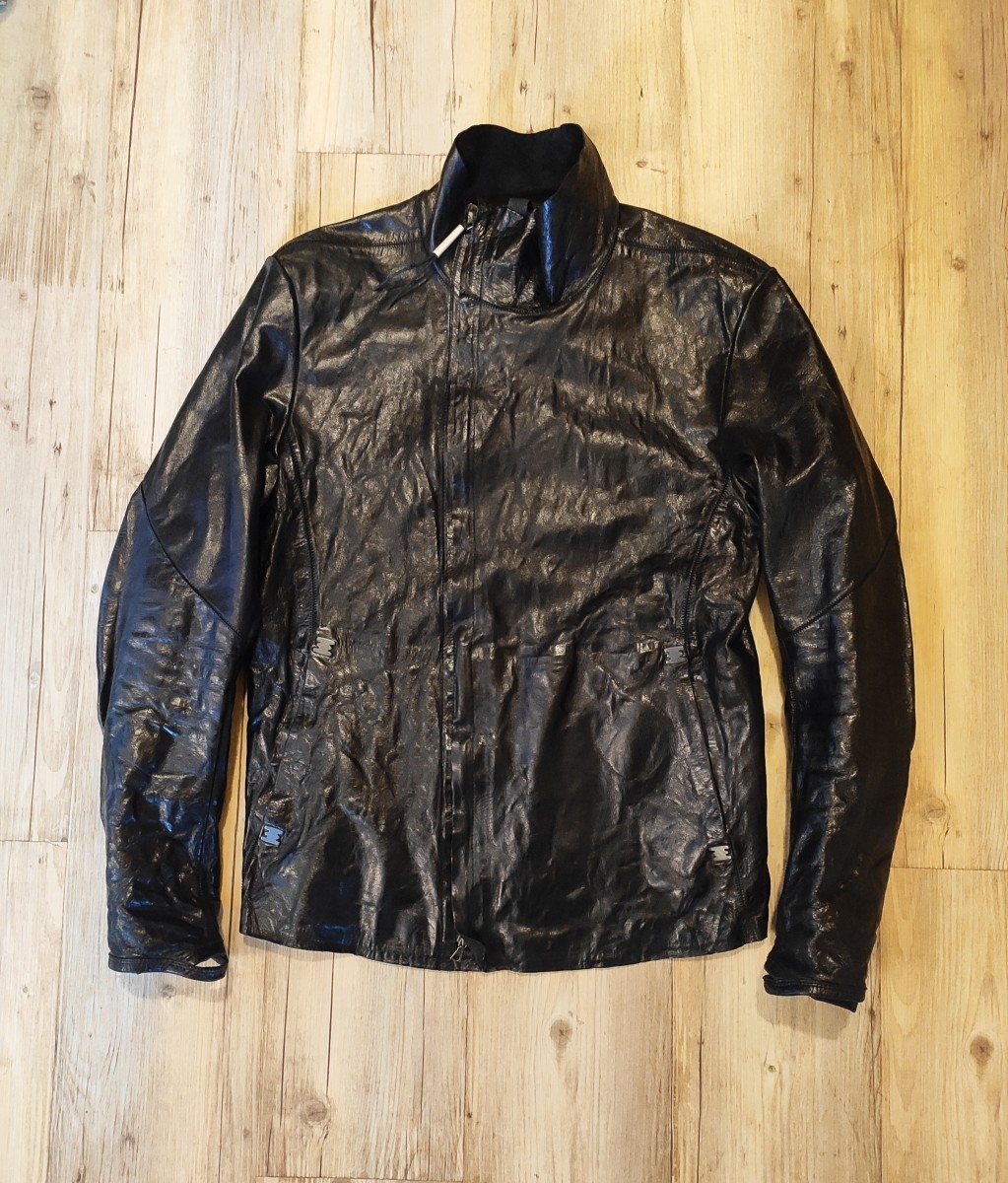Black high-neck unlined asymmetric leather jacket - 10
