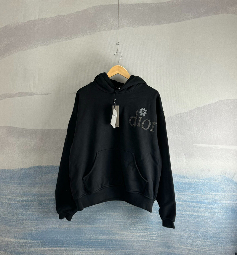 Dior by ERL Black Hoodie with Glitter Daisy Embroidery - 1