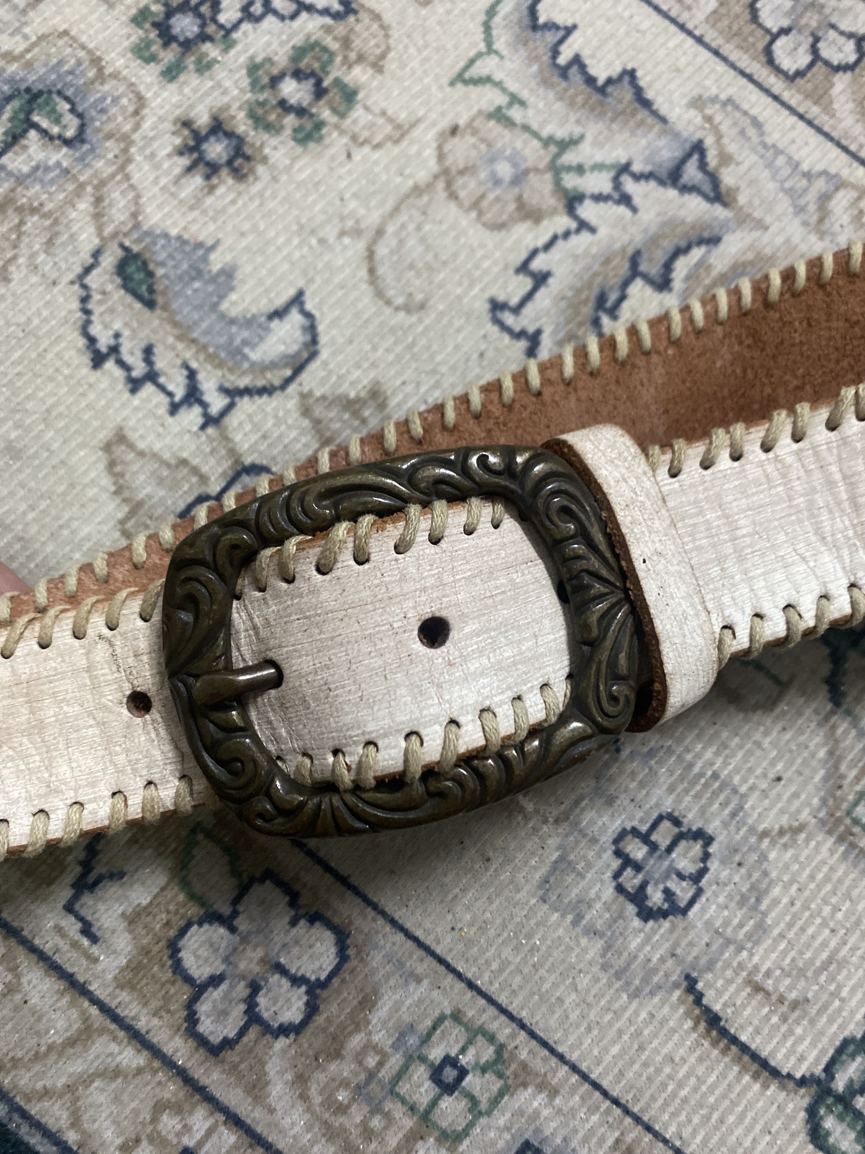 Vintage SCOOTER Hand-Stitched Leather Belt Western Cowboy Style White Brass Buckle - 3