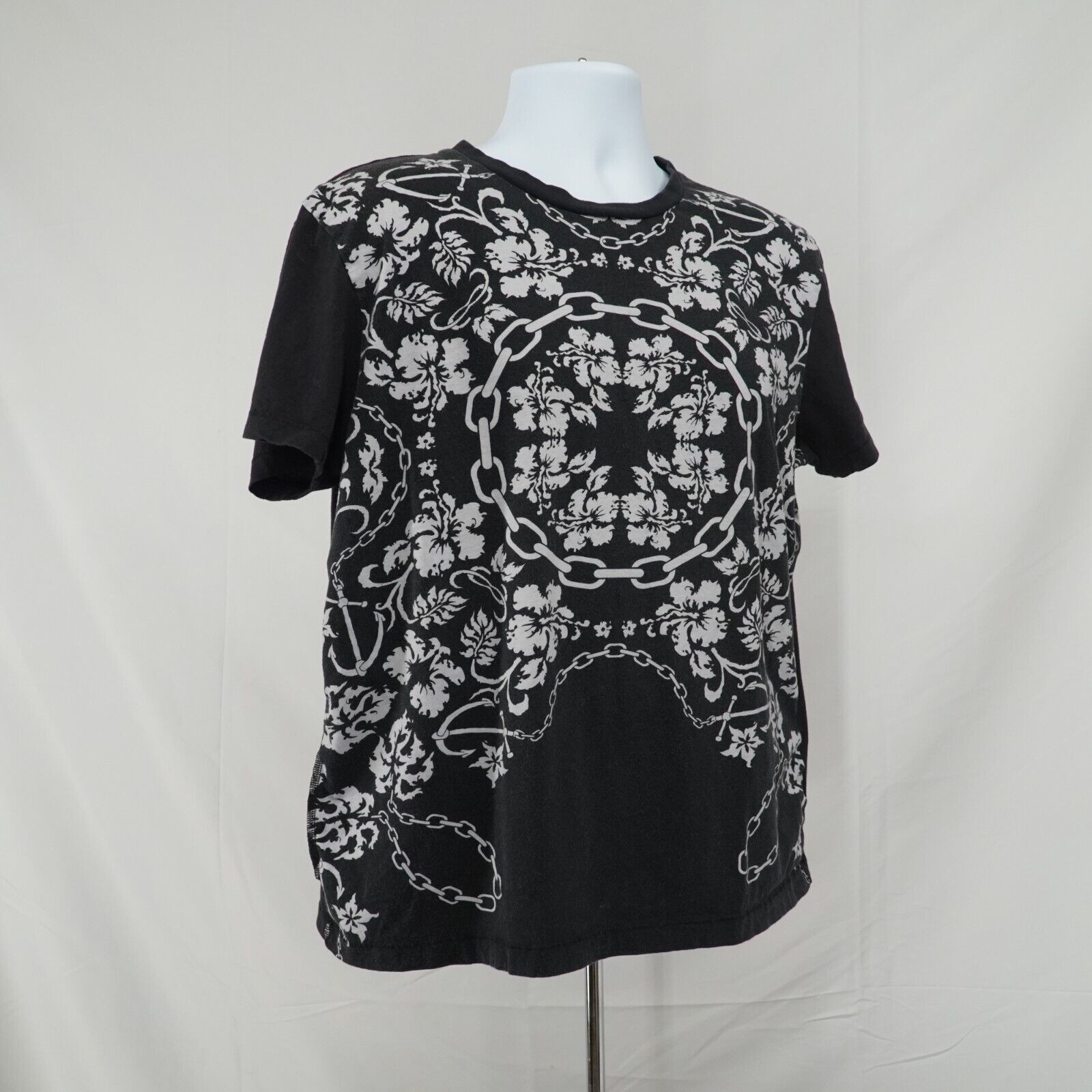 Black White Printed Shirt Floral Chains Anchor Hawaiian Tee - 15