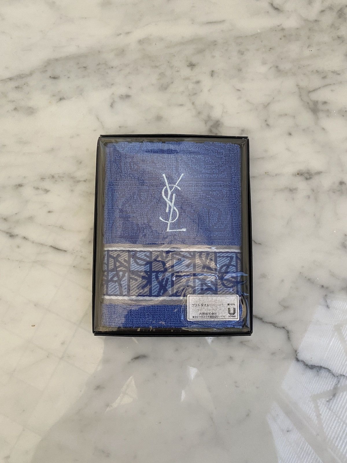 YSL Logo Pattern Hand Towel Blue NWT - 1