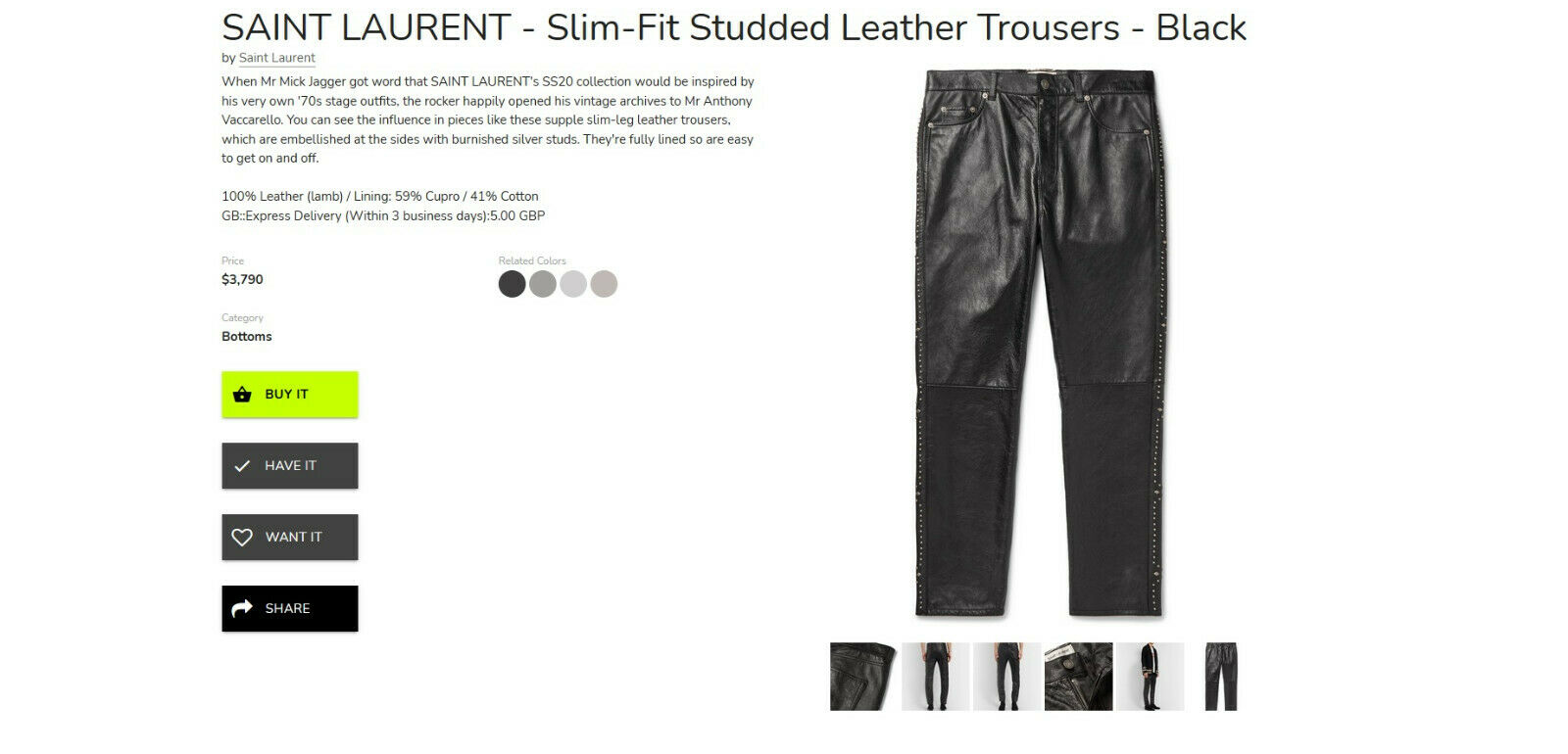 Brand New Saint Laurent Paris Slim Fit Studded Leather Pants 48IT,  3790$ - 3
