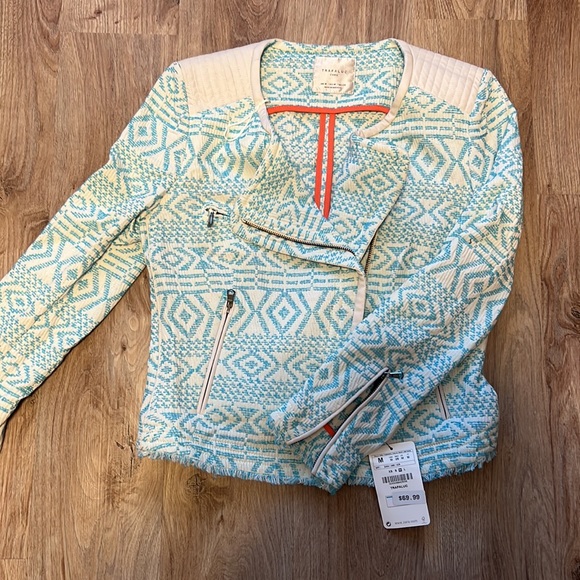 Zara Turquoise Printed Textured Moto Jacket - RARE Blogger Fav - 2