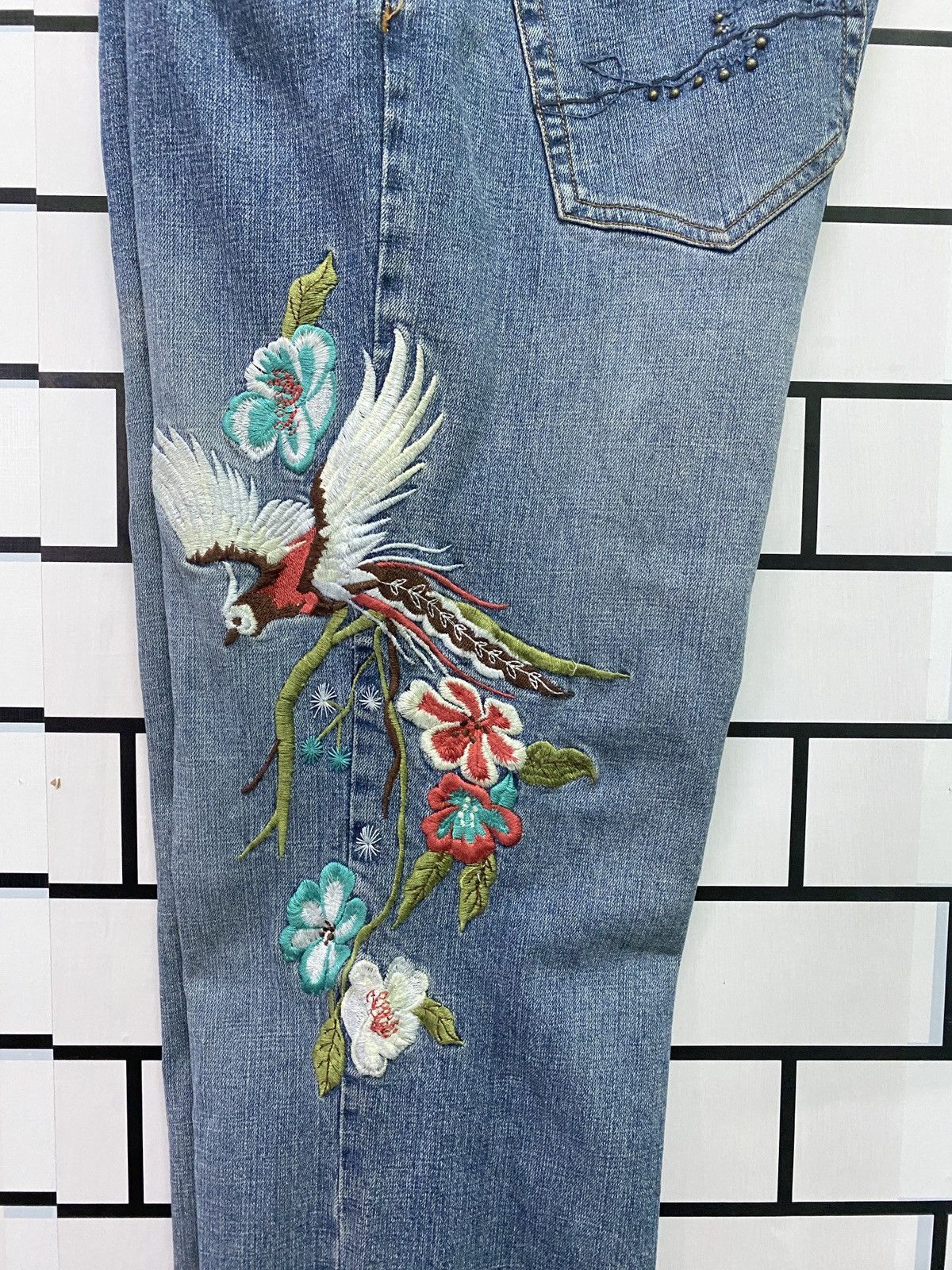 Designer - METRO SEVEN Embroidered Floral Bird Motif Flared Denim Pant - 20