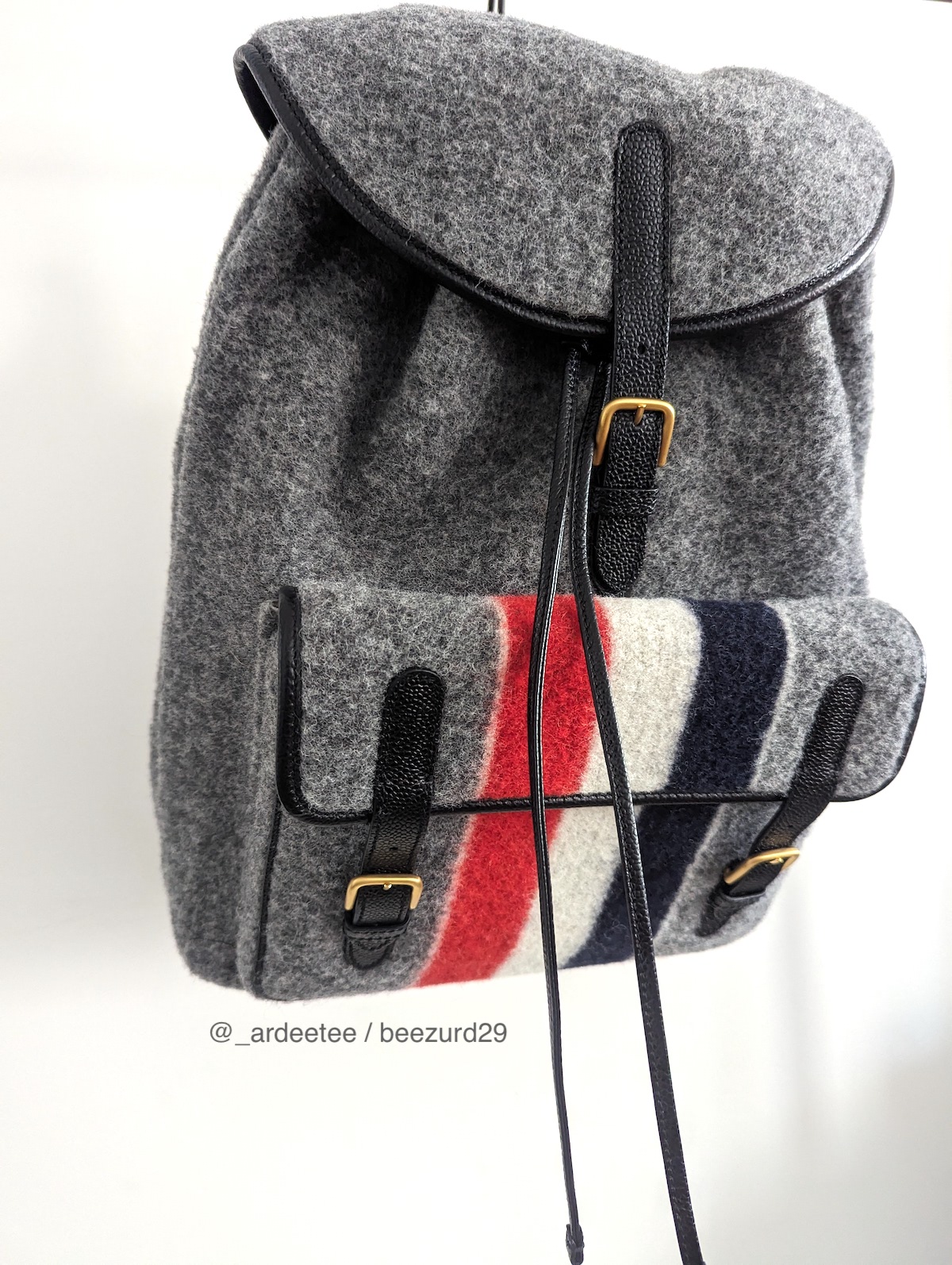 Thom Browne NEW BOILED WOOL HUNTING BACKPACK RWB STRIPE GREY ardeetee REVERSIBLE