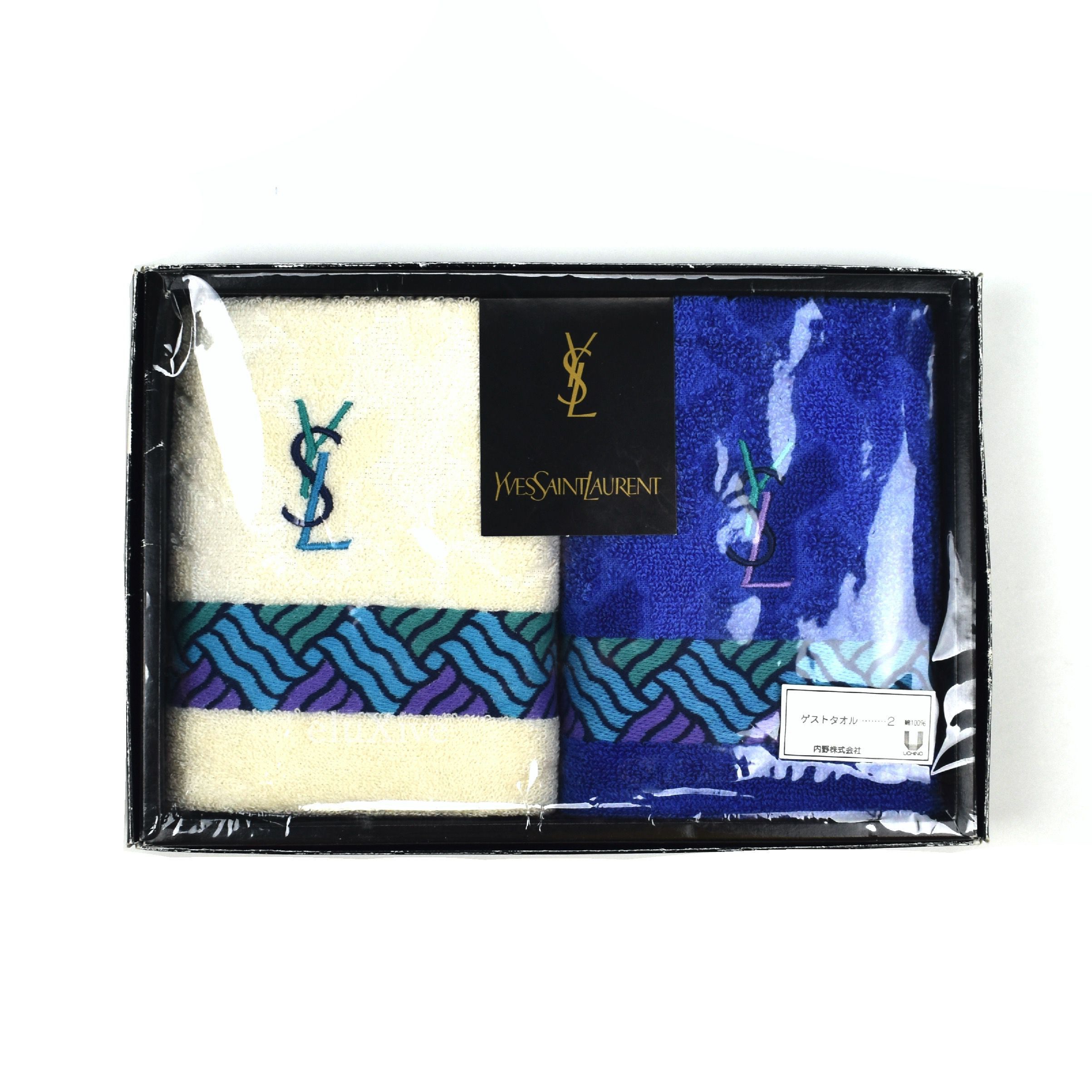 Yves Saint Laurent Ivory/Blue Set of 2 YSL Logo Hand Towels - 1