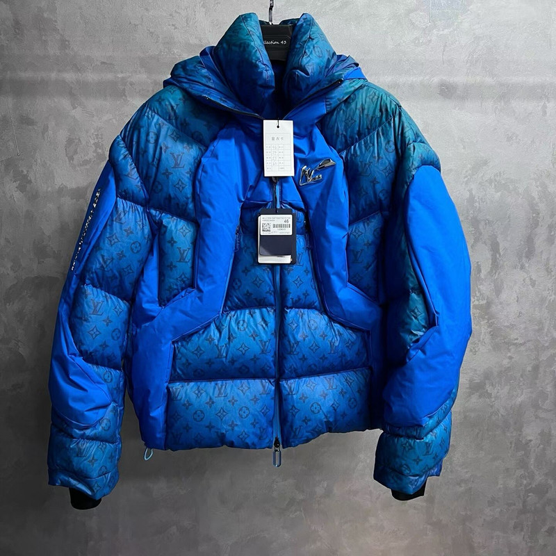 Louis Vuitton Loose-Fit Down Jacket: Long Sleeve, Hooded, Geometric Pattern with All-Over Blue Logo  - 1