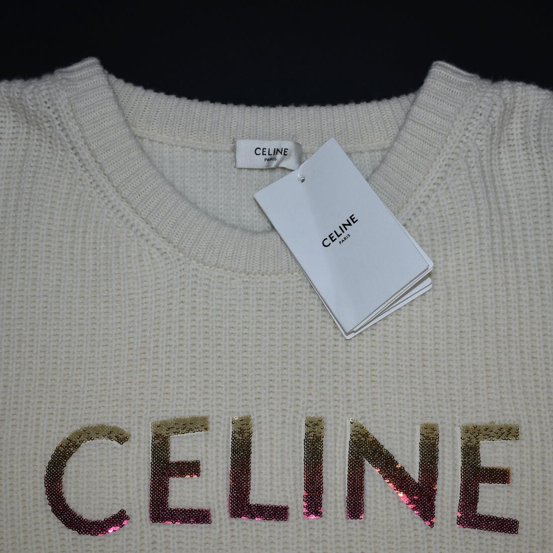 CELINE Cream Wool Sequin Logo Crewneck Sweater - 2